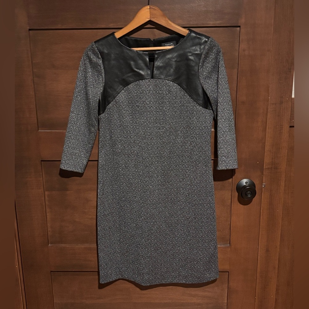 Tahari Arthur S. Levine Long Sleeve Dress with Faux Black leather detail.